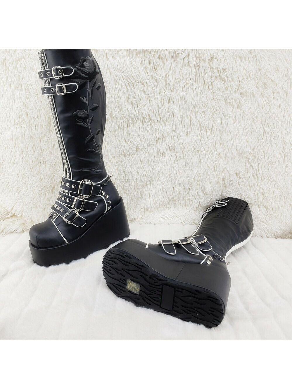 NIB DEMONIA Concord Black Platform Rose Goth Studded Knee Boots 4" Wedge - Picture 3 of 12